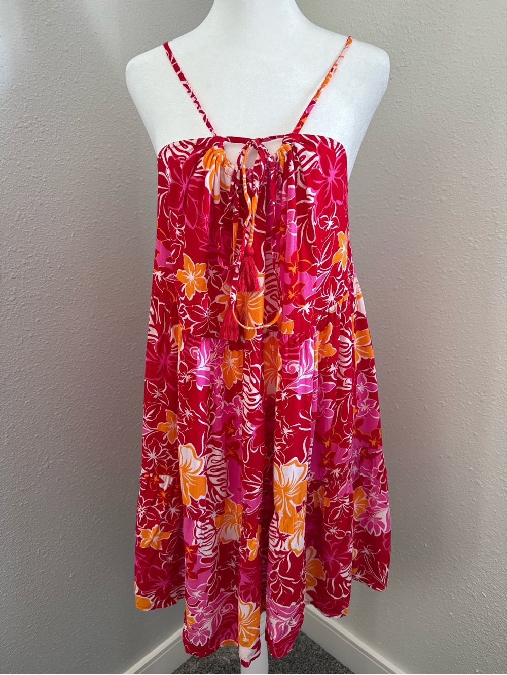 Roxy Red Pink Tropical Floral Tassel Tie Mini Sundress Size Large